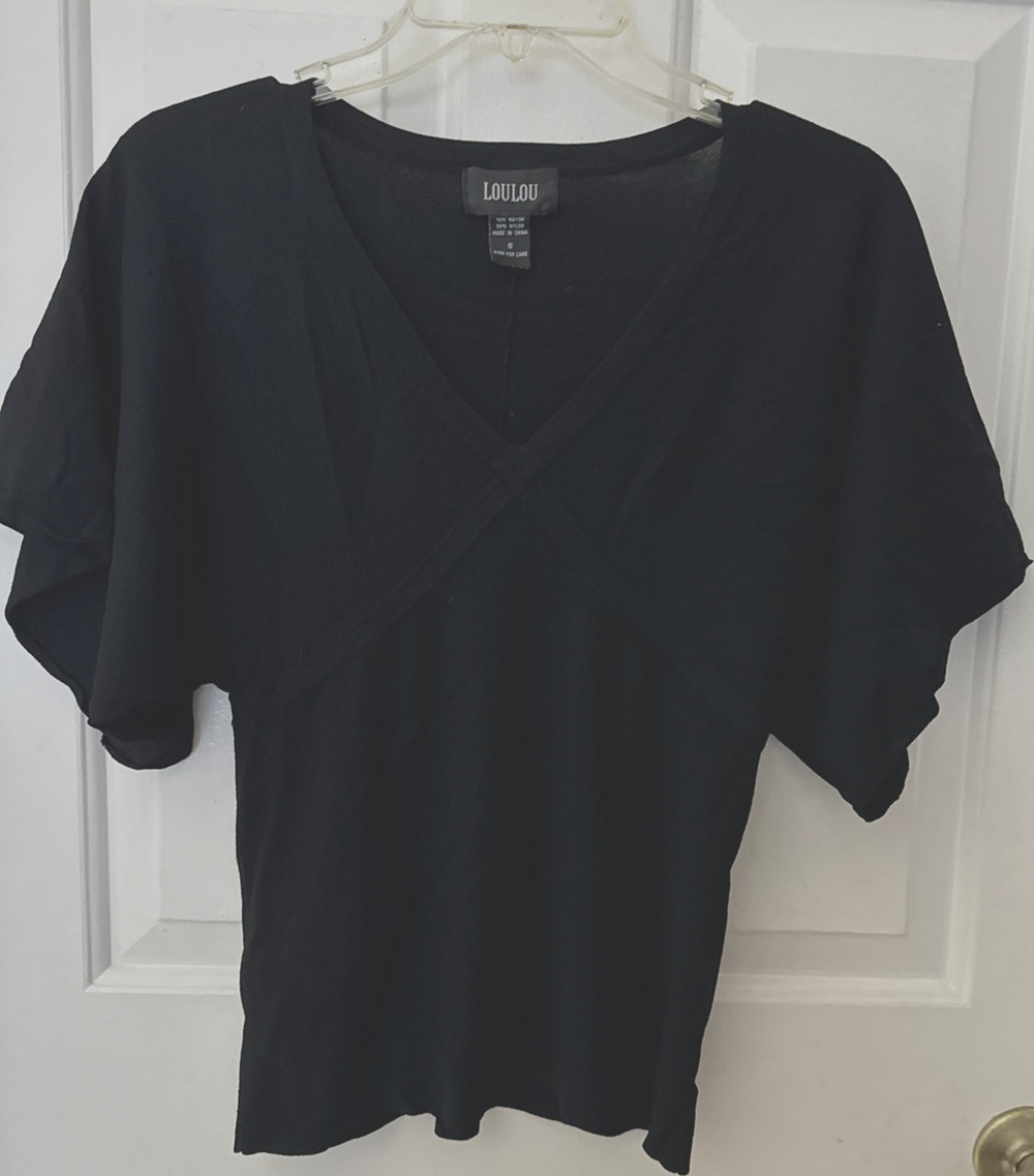 VTG LouLou Black V Neck Knit Sweater Boxy Wide Sleeve Top Elevated basic Luxe S